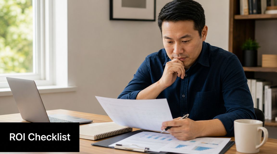 A professional man reviewing business documents and financial charts at his desk in a home office setting.