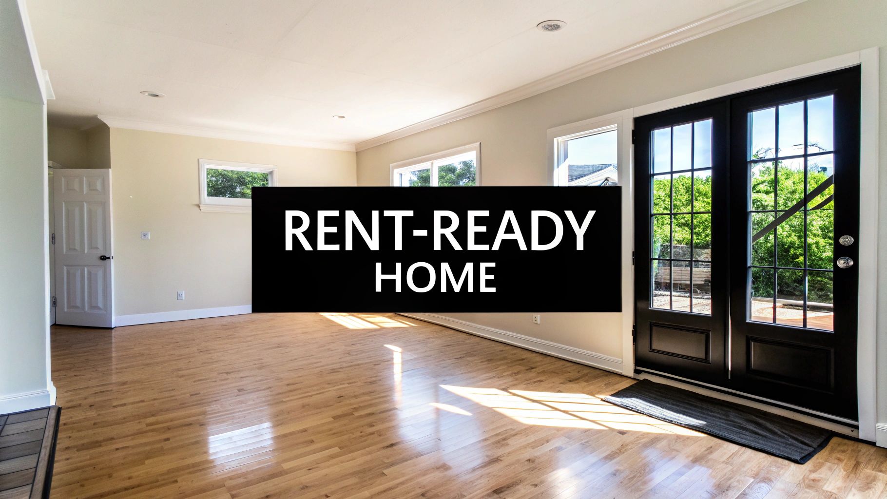 A bright, empty living room with hardwood floors and a 'Rent-Ready Home' sign, perfect for new tenants.