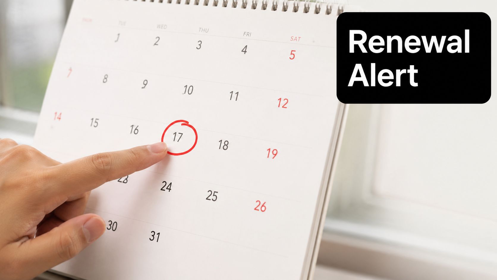 A person pointing at the seventeenth day circled on a calendar with a Renewal Alert notification sign.