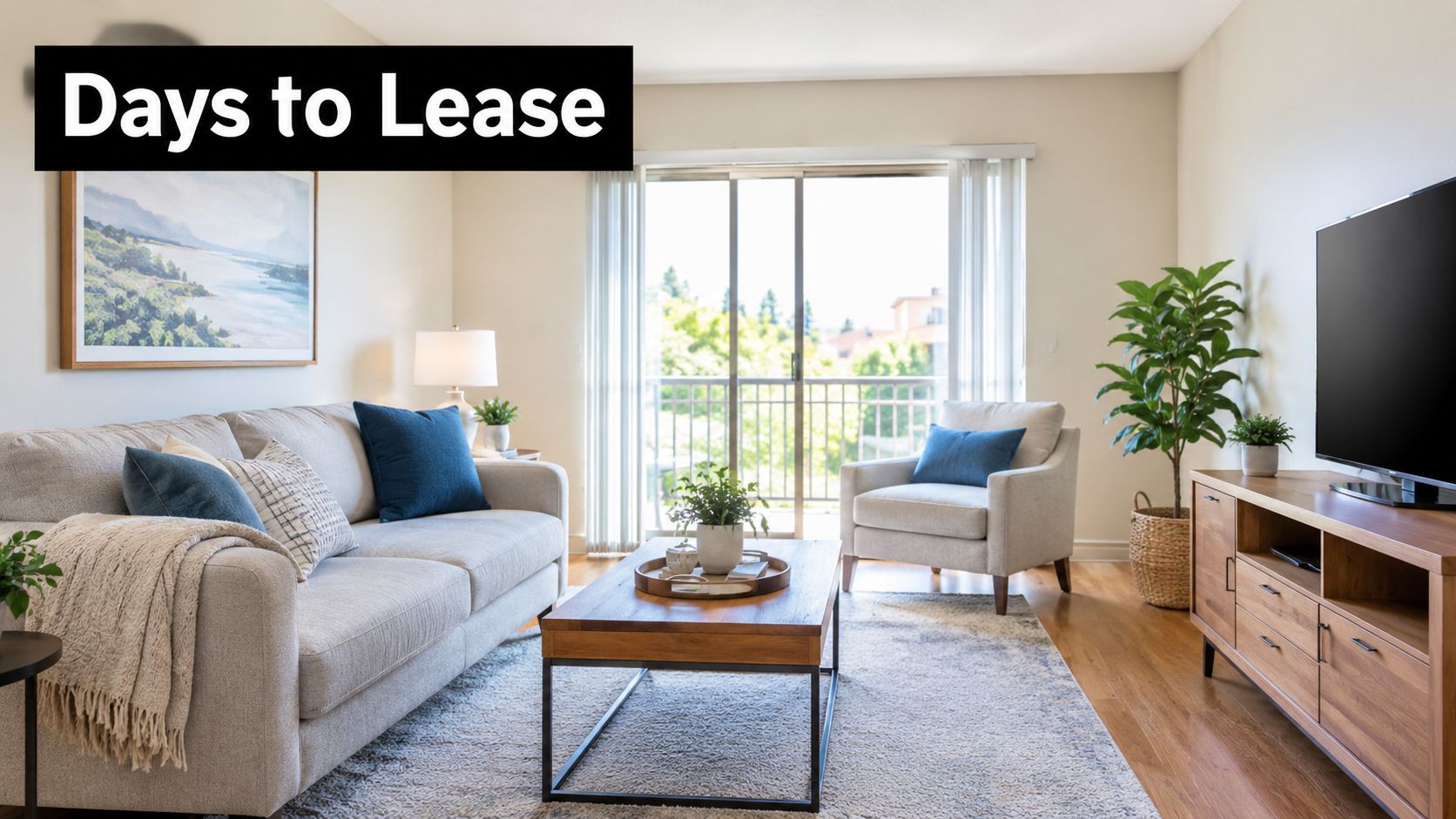 A modern and bright staged living room in an apartment featuring a sofa, armchair, and media console.