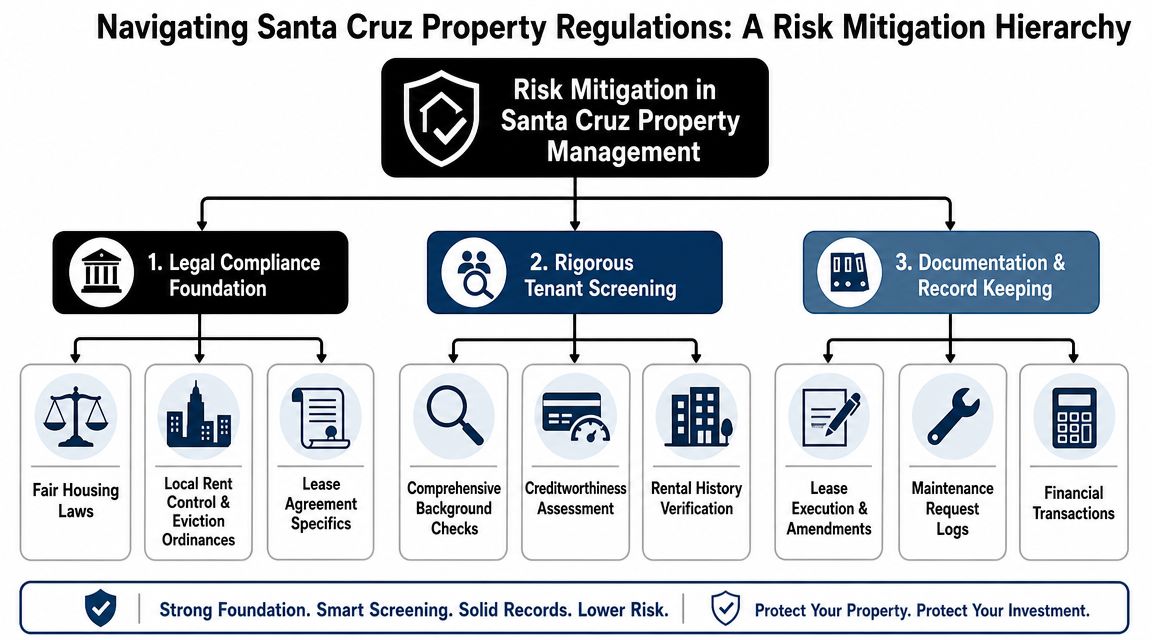 An organizational hierarchy chart detailing risk mitigation strategies for property management in Santa Cruz, California.