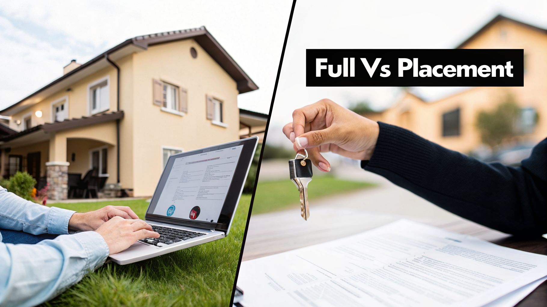 Person working on laptop outside a house, with a hand holding house keys and documents.