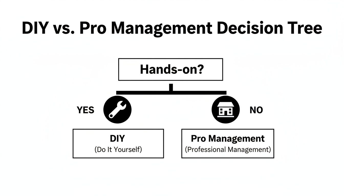 A decision tree for property management, guiding users to DIY or professional management based on hands-on preference.