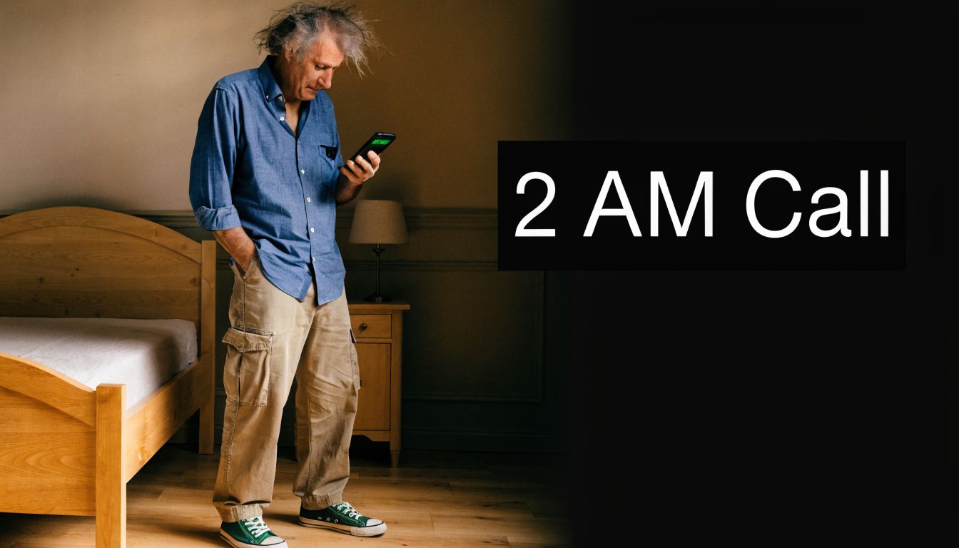 A disheveled man standing in a dimly lit bedroom checking his smartphone at night.