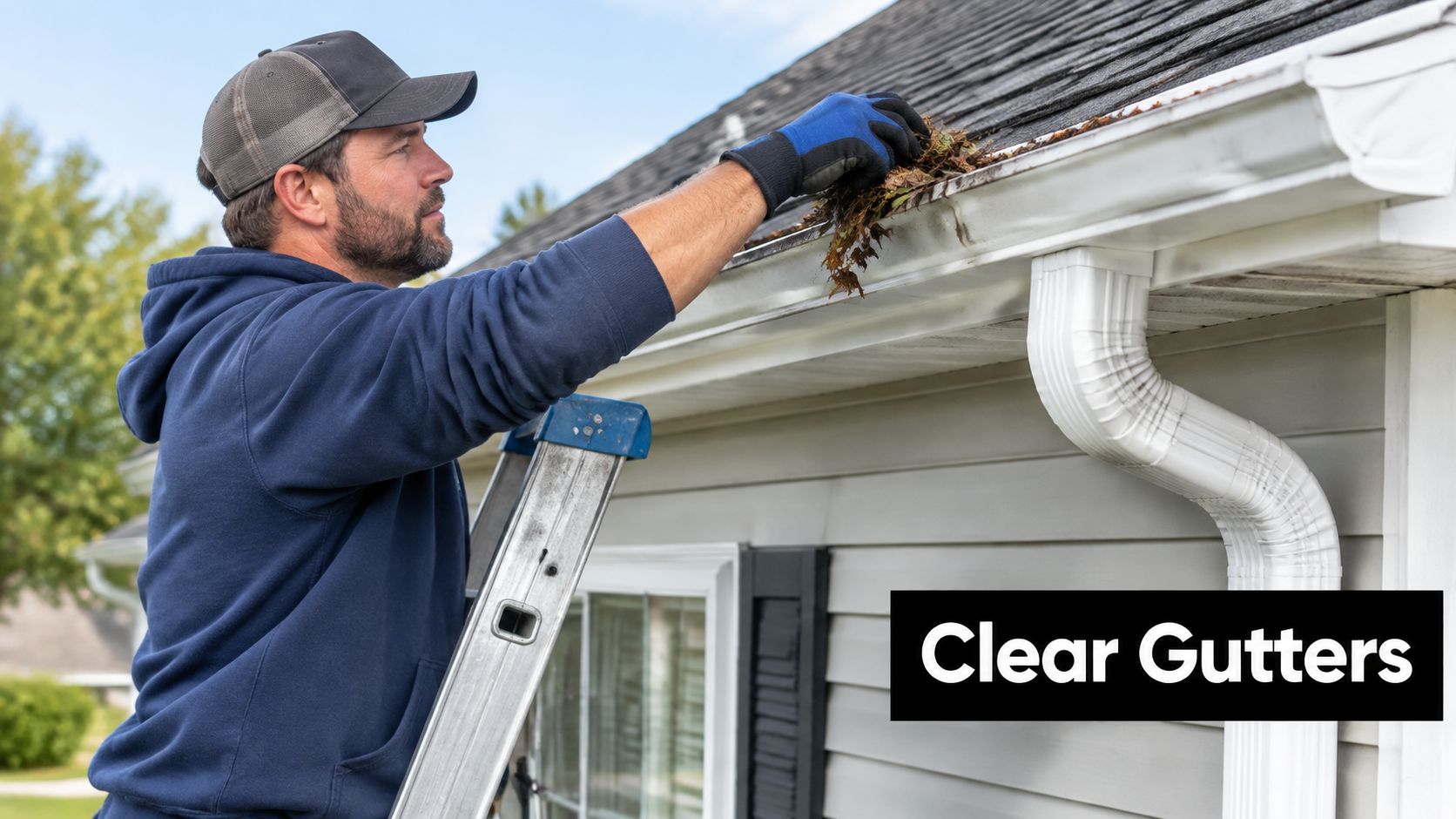 A professional worker using a ladder to manually clean debris from a house roof gutter system.