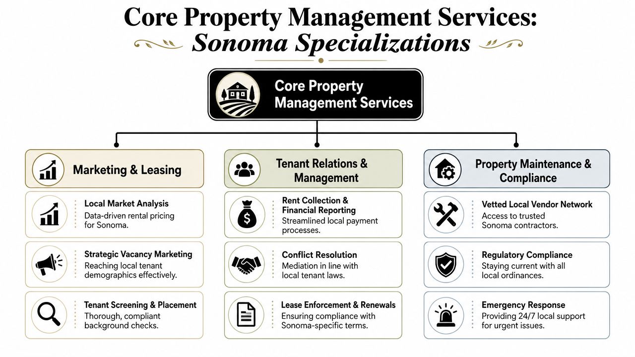A diagram outlining core property management services for rental properties in the Sonoma county region.