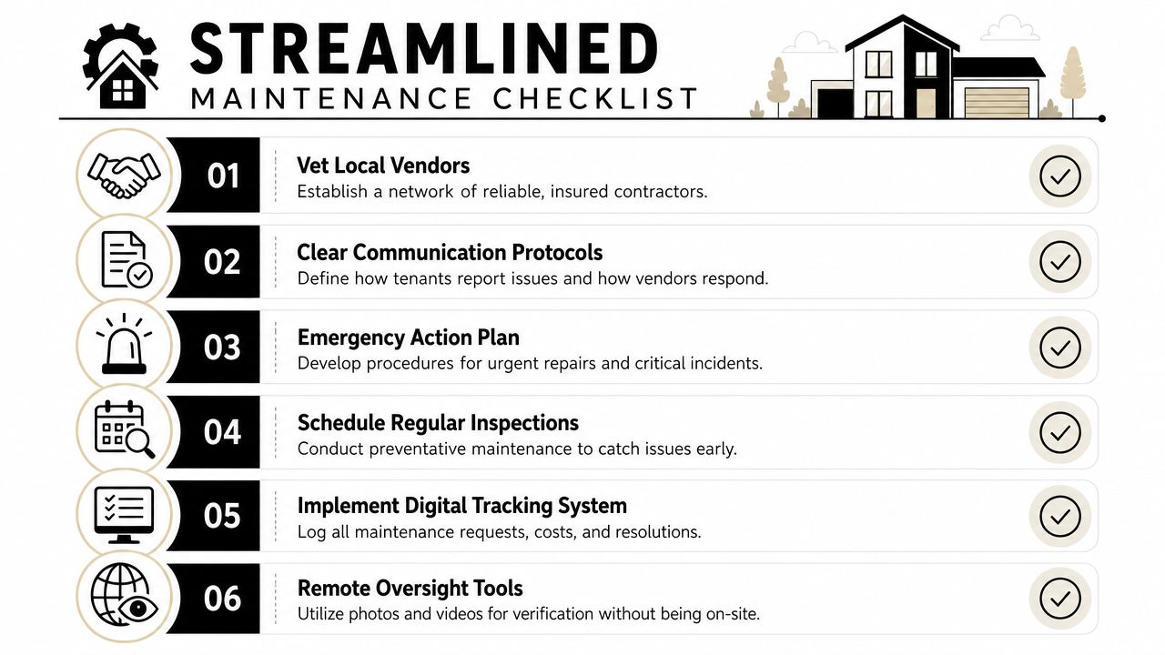 A streamlined maintenance checklist for property managers featuring six essential steps for efficient building repairs and upkeep.
