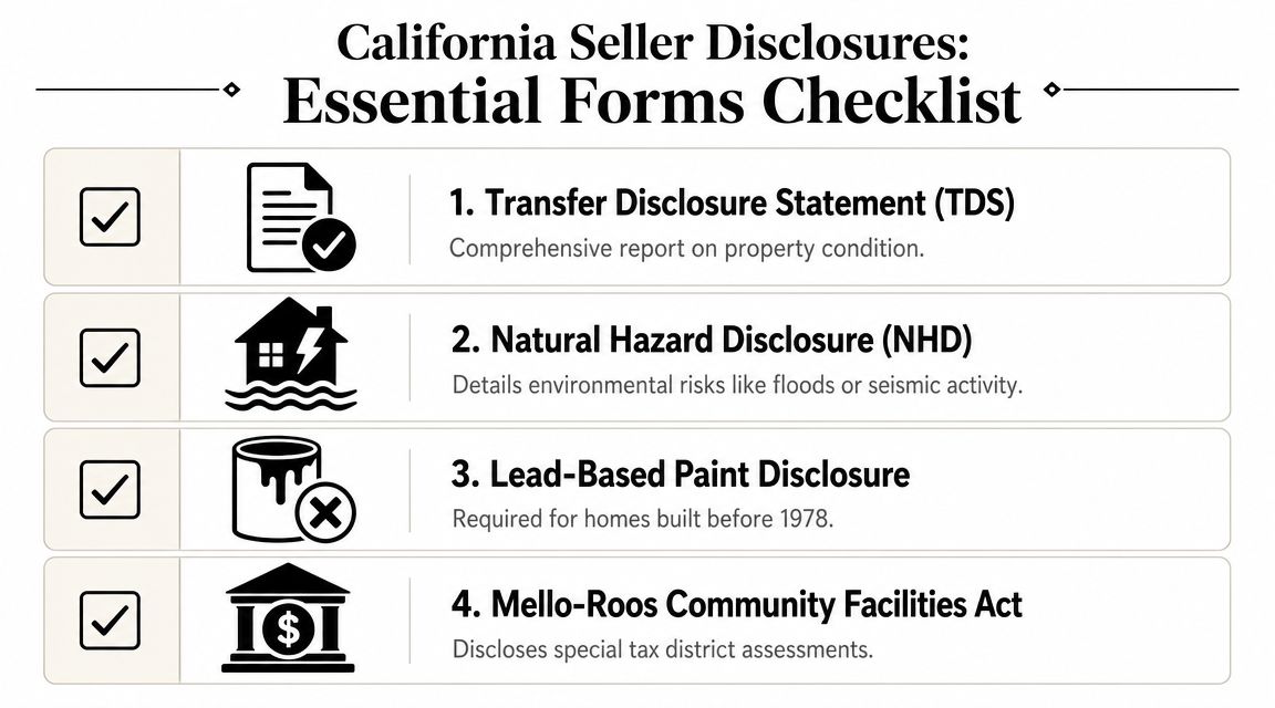 Checklist of four essential California seller disclosure forms including TDS, NHD, lead-based paint, and Mello-Roos documents.