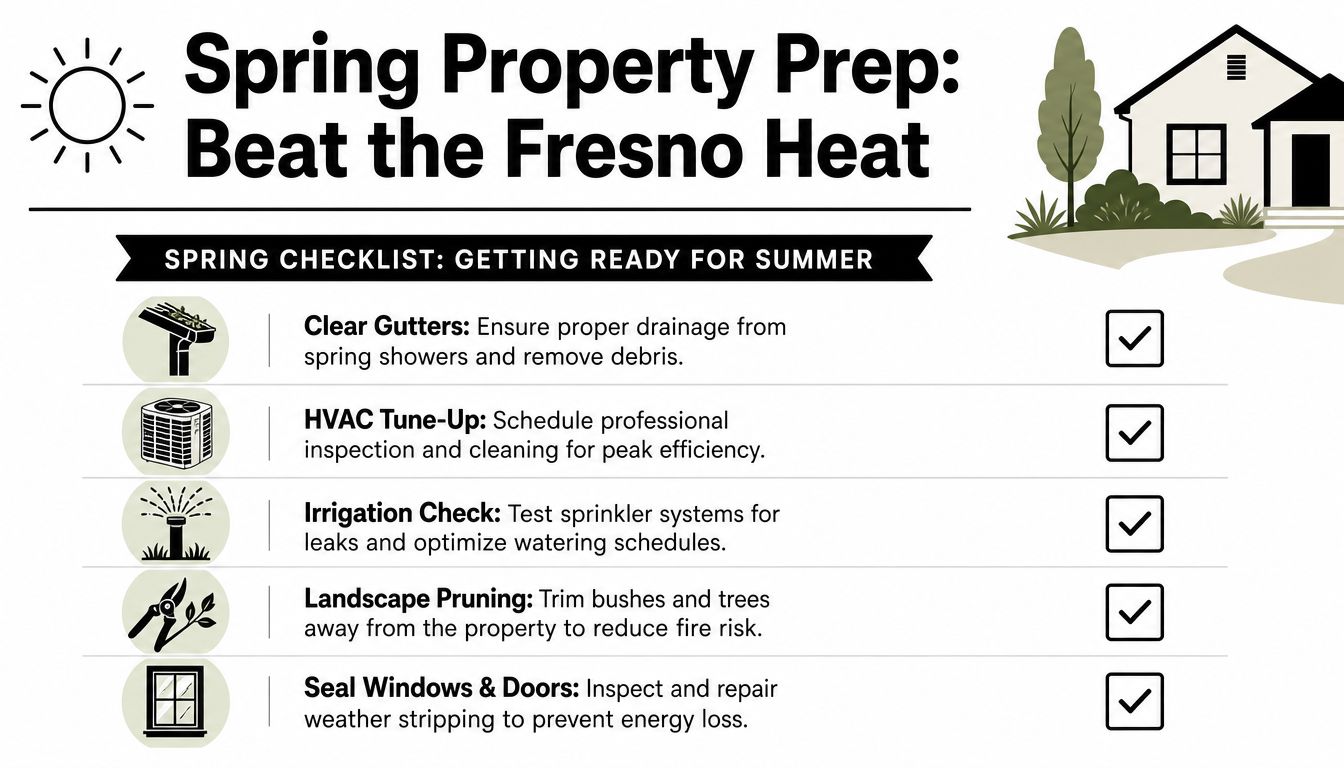 A checklist infographic titled Spring Property Prep detailing five essential maintenance tasks for getting homes ready for summer.