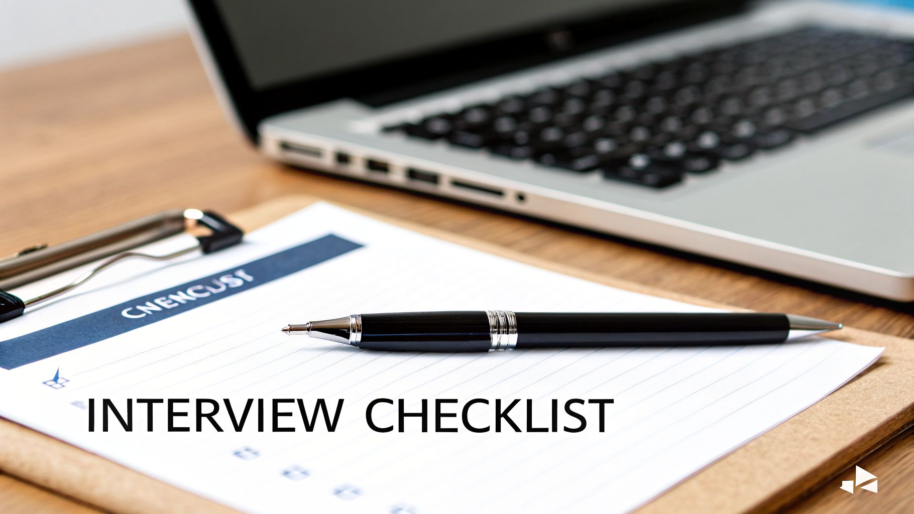 A pen rests on a clipboard with an 'Interview Checklist' paper and a laptop in the background.