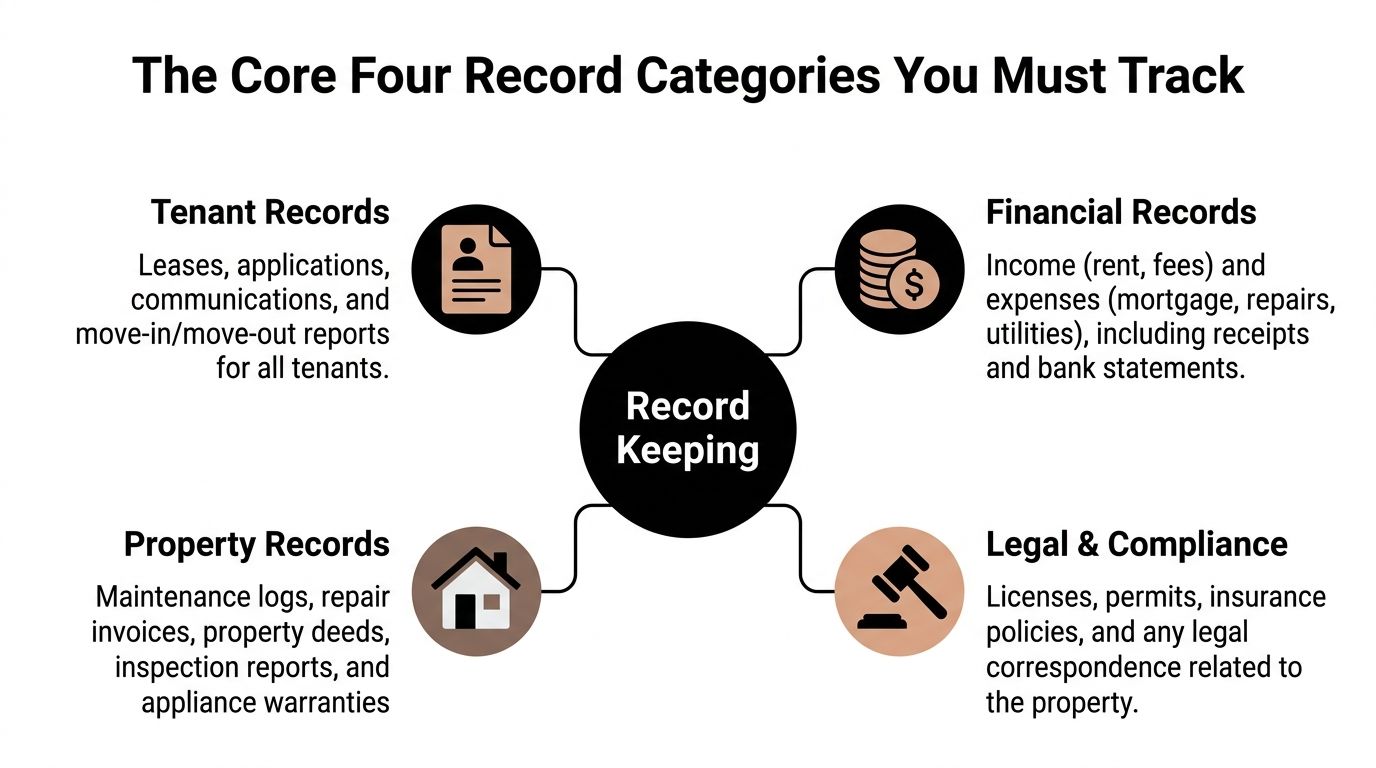A diagram illustrating the four core record-keeping categories for property management: tenant, financial, property, and legal records.