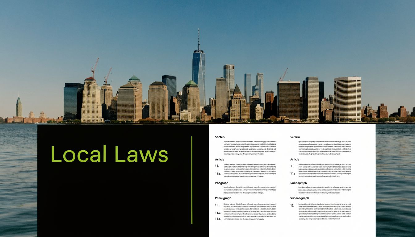 The skyline of New York City in the background with text describing local laws in the foreground.