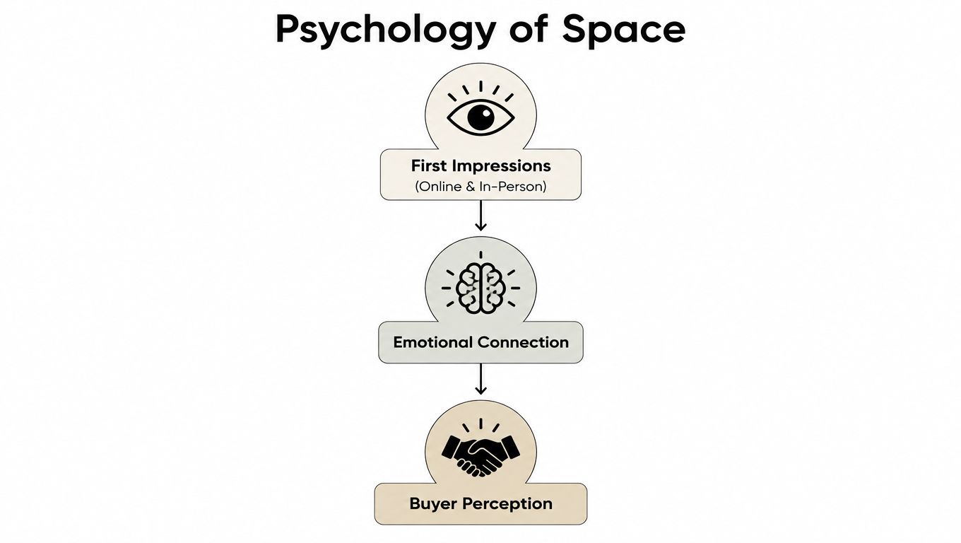 A flowchart titled Psychology of Space showing a progression from First Impressions to Emotional Connection and Buyer Perception.