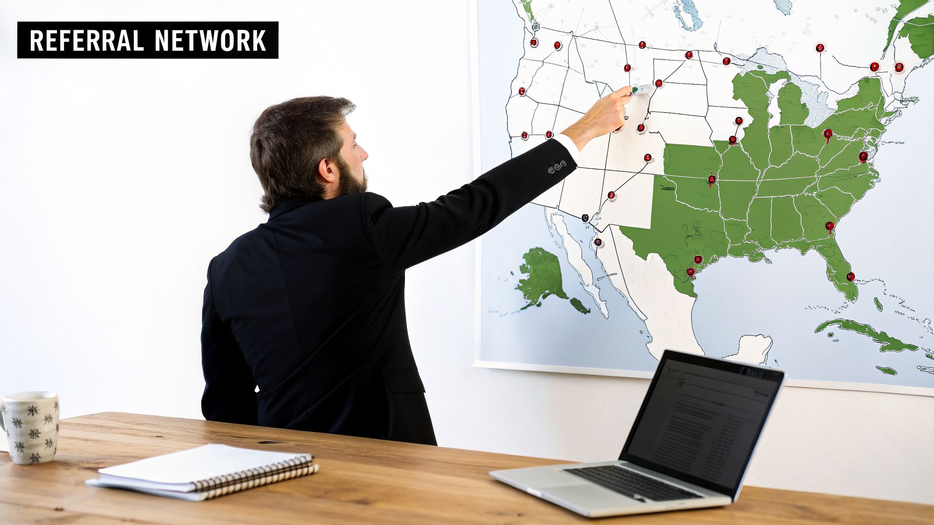 Businessman pointing at a map of the USA showing a red-pinned referral network.