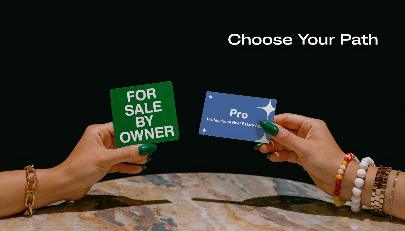 Two hands hold signs comparing a For Sale By Owner option with a Professional Real Estate Agent.
