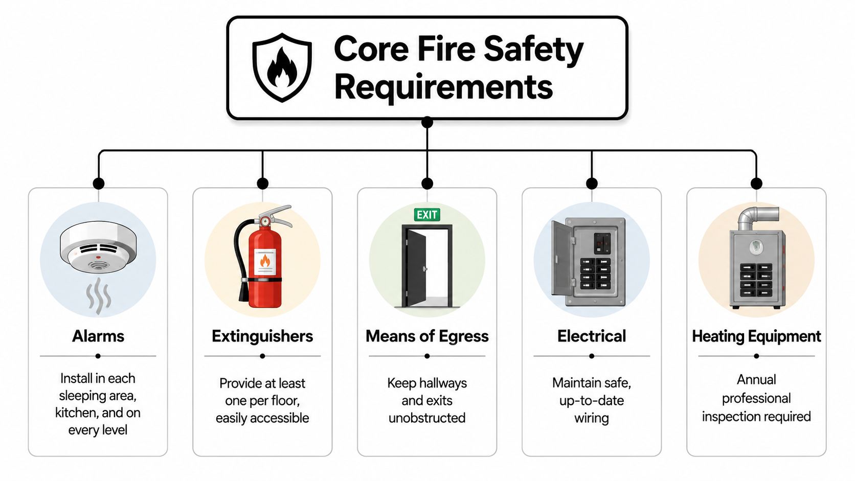A diagram outlining core fire safety requirements including alarms, extinguishers, means of egress, electrical, and heating equipment.