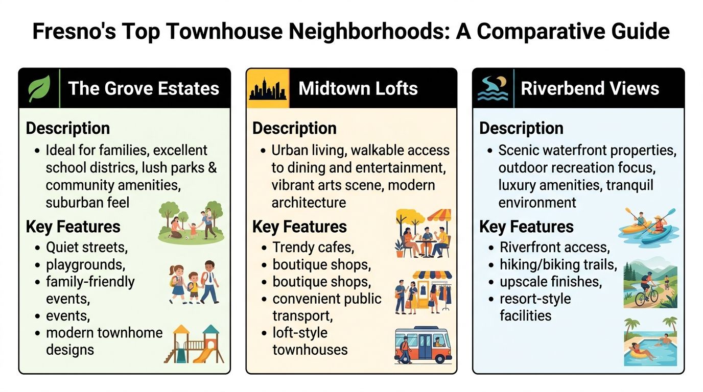 A comparison guide for three top townhouse neighborhoods in Fresno featuring amenities and key community characteristics.