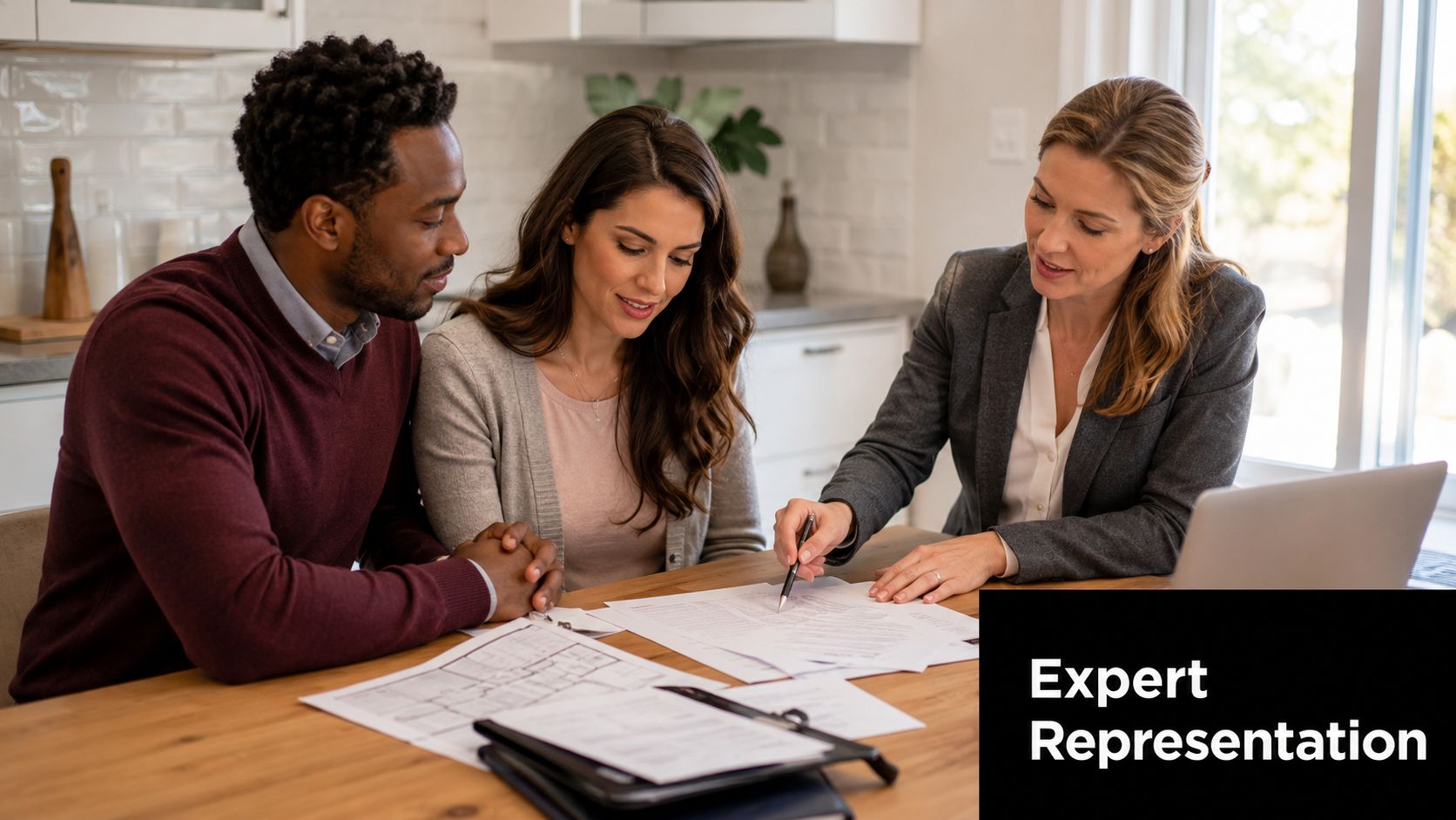 A professional real estate agent discusses contract documents with a couple at a home kitchen table.