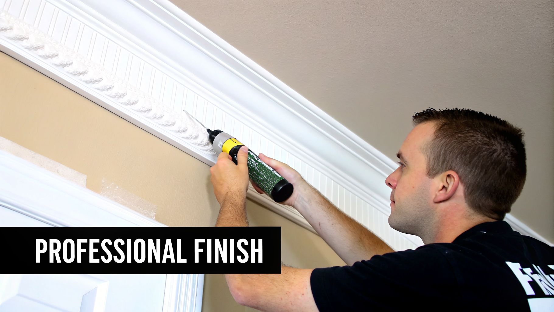 A person precisely caulking decorative crown molding to achieve a professional finish.