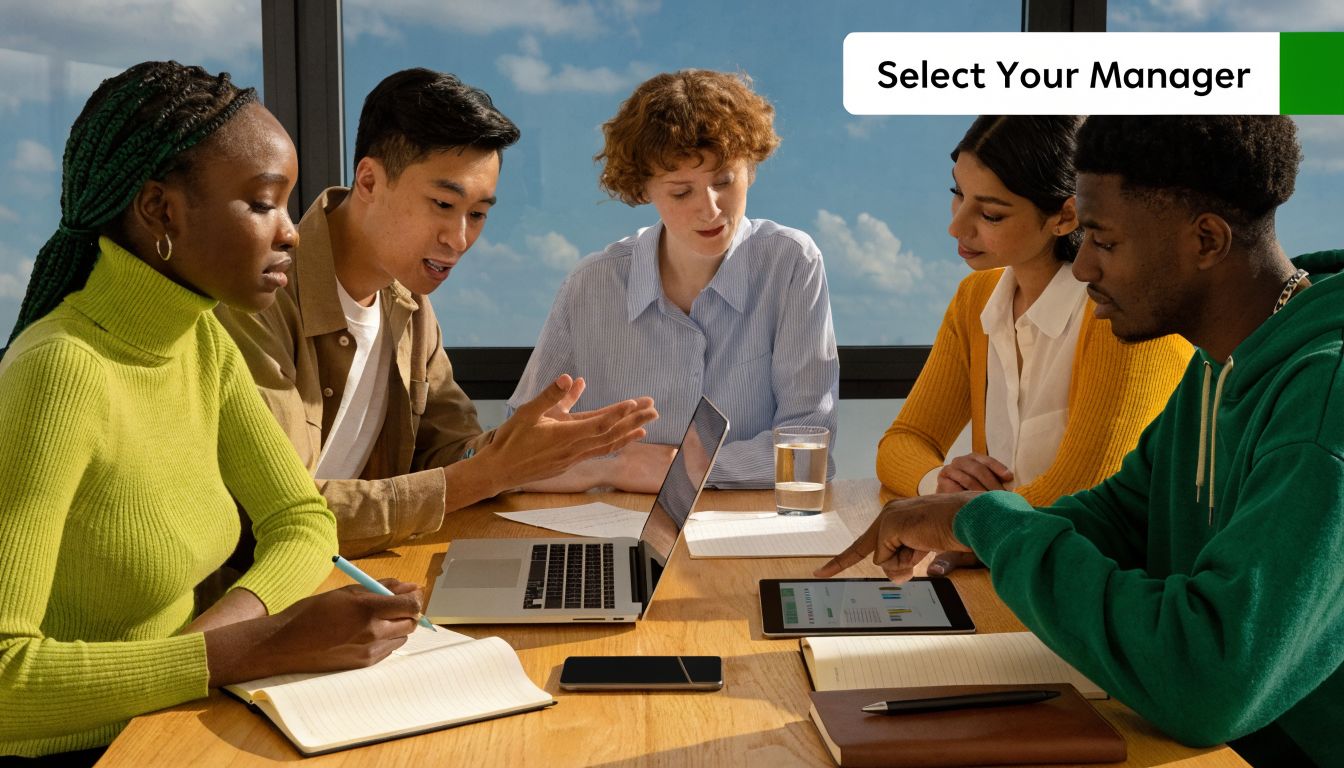 A diverse group of professionals working together at a wooden table in a bright modern office.