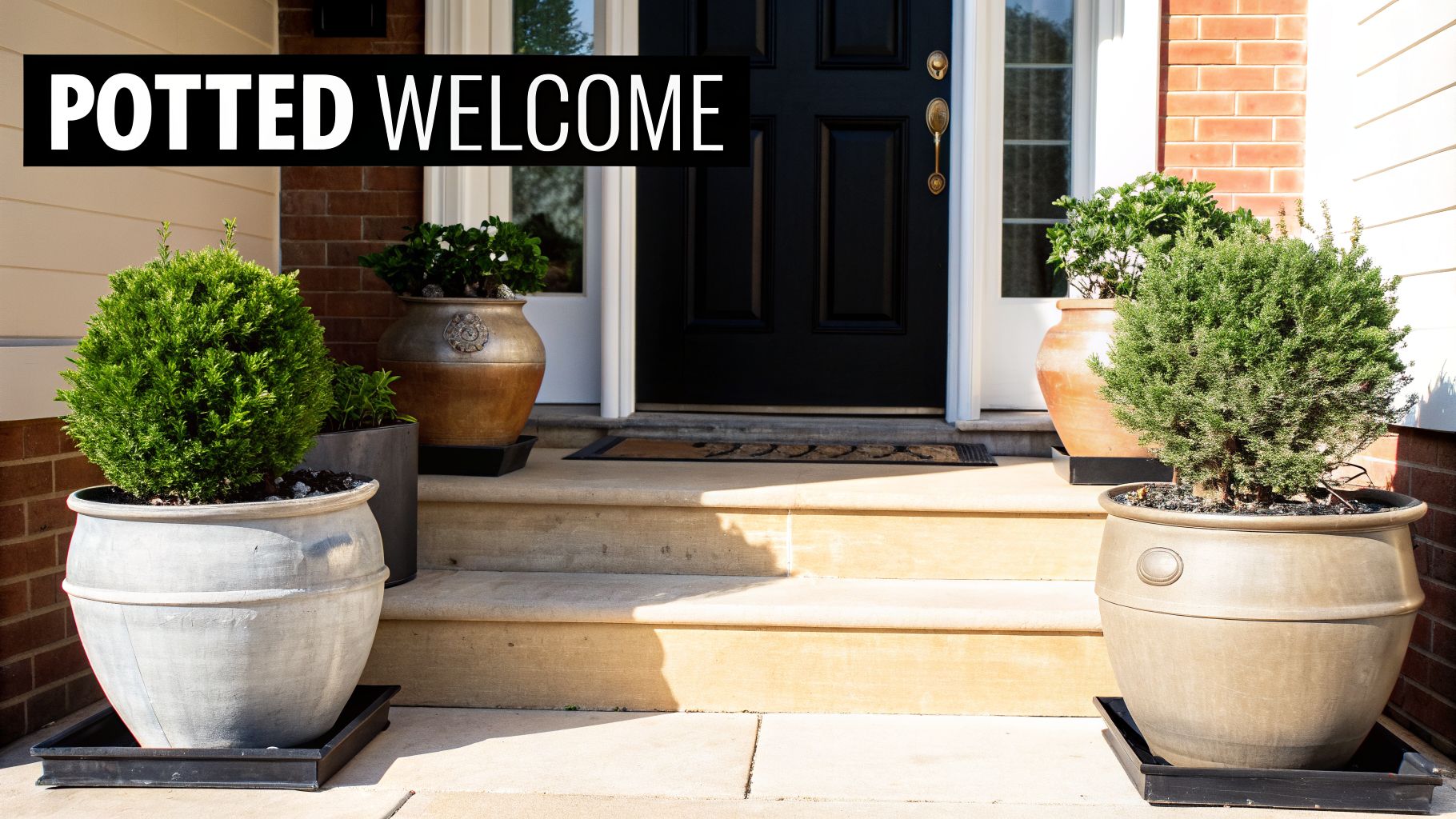 A welcoming front porch with a black door, stone steps, and various potted green plants.