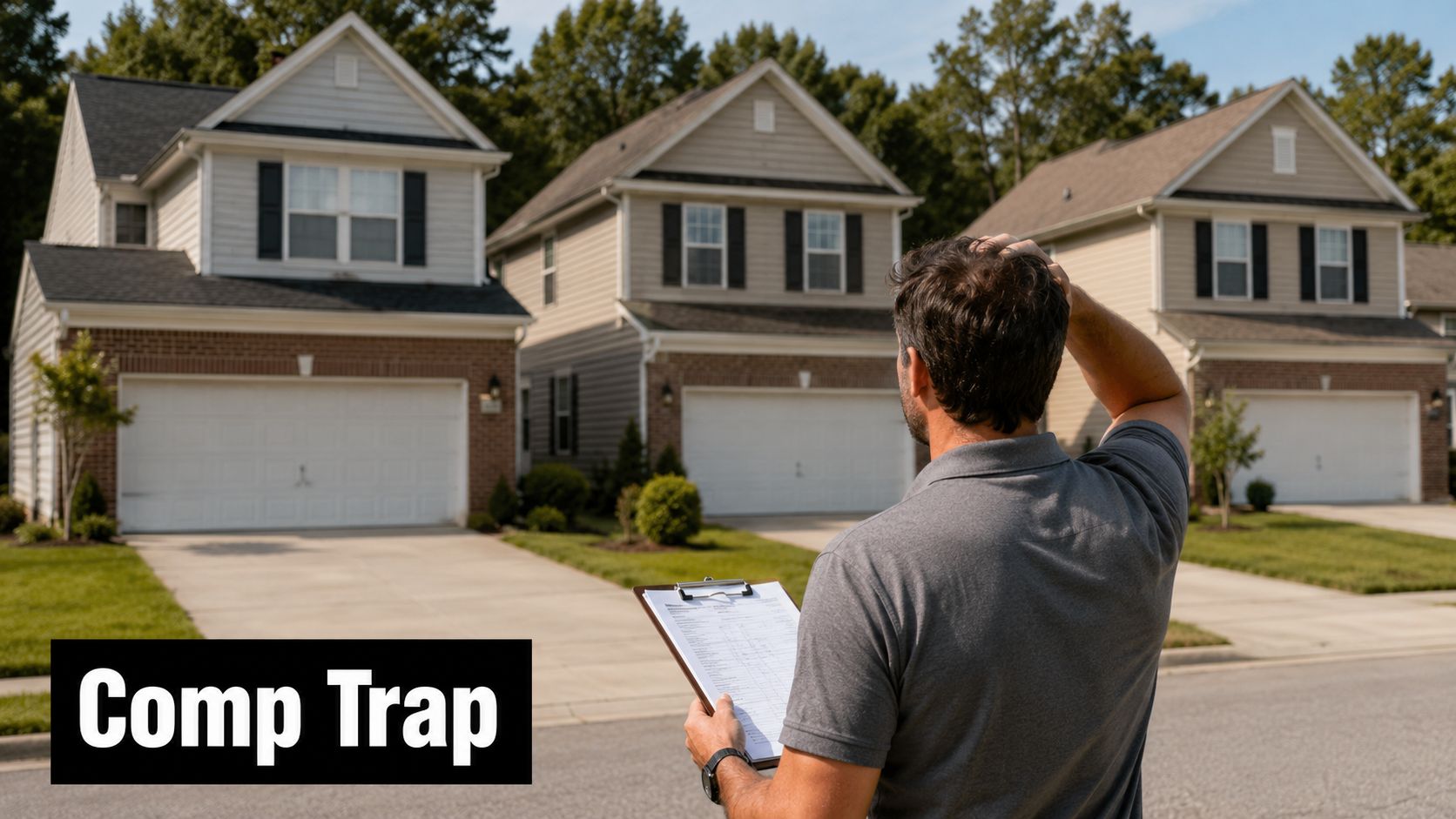 A real estate appraiser looks frustrated while holding a clipboard in front of several suburban homes.