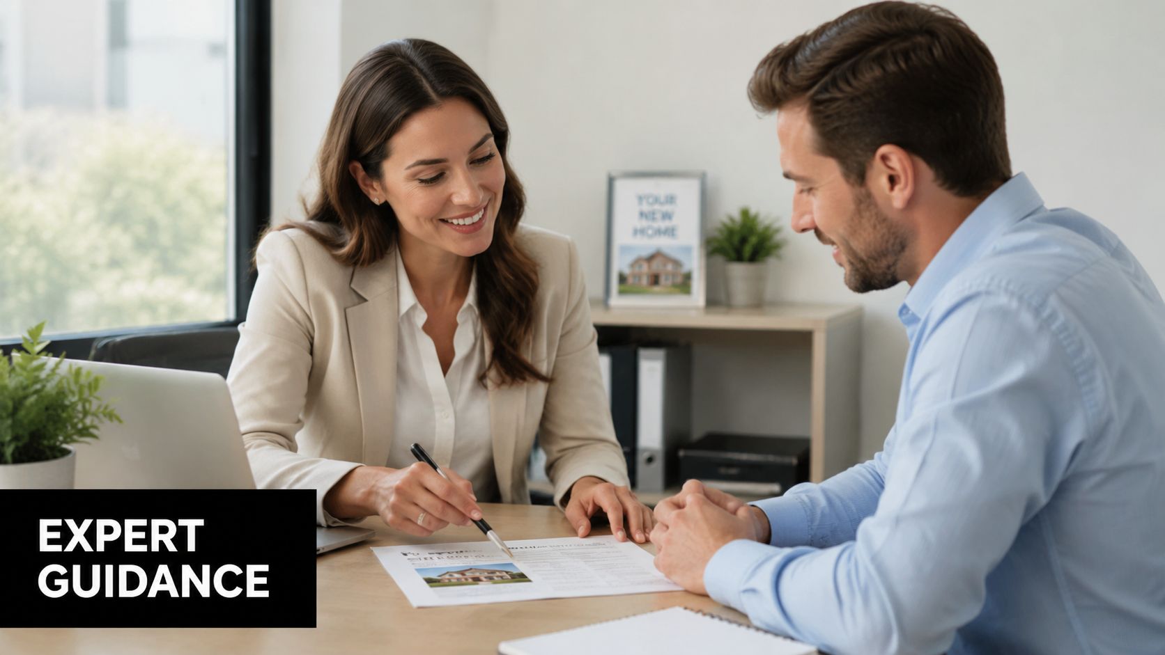 A professional real estate agent explains the details of a seller disclosure document to a home buyer.