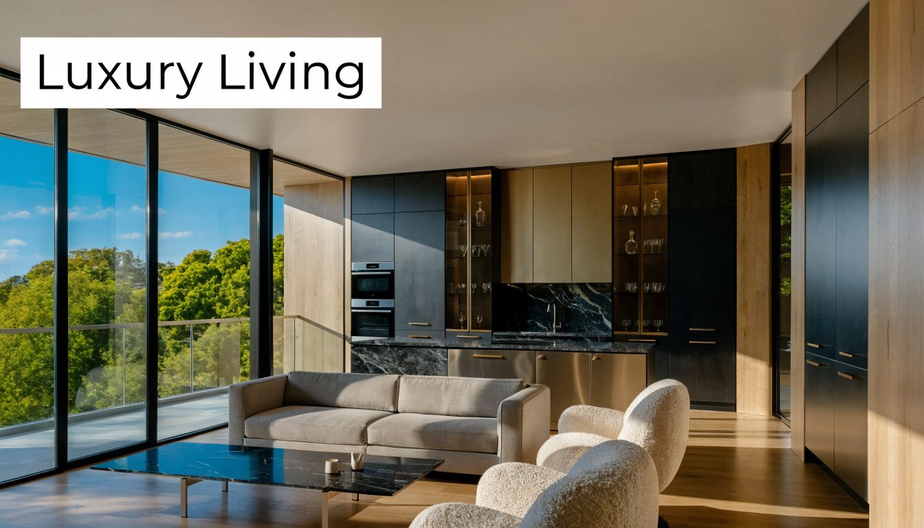 A luxurious modern apartment living room with floor to ceiling windows, sleek cabinets, and elegant furniture.