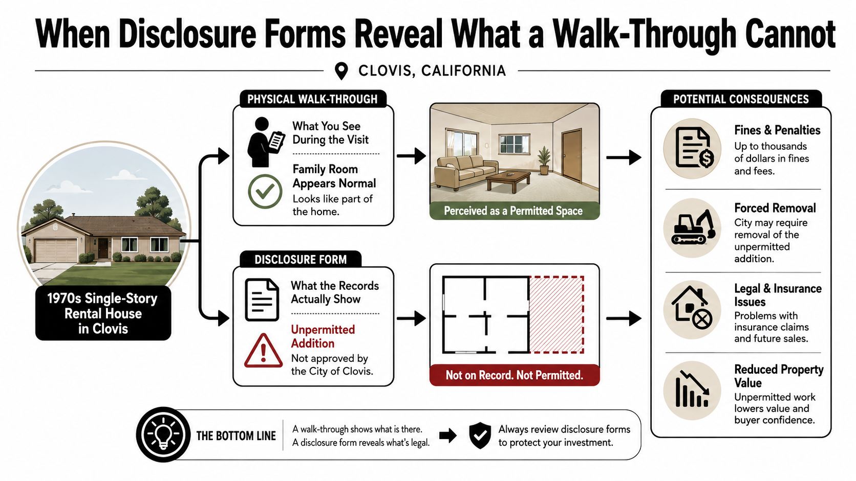 An infographic showing why disclosure forms are important for identifying unpermitted home additions in Clovis, California.