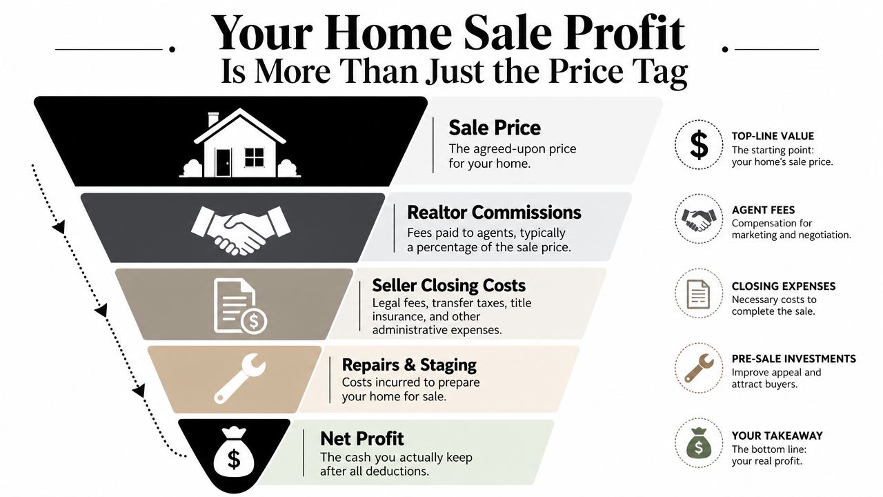 A funnel diagram explaining the costs deducted from a home sale price to determine net profit.