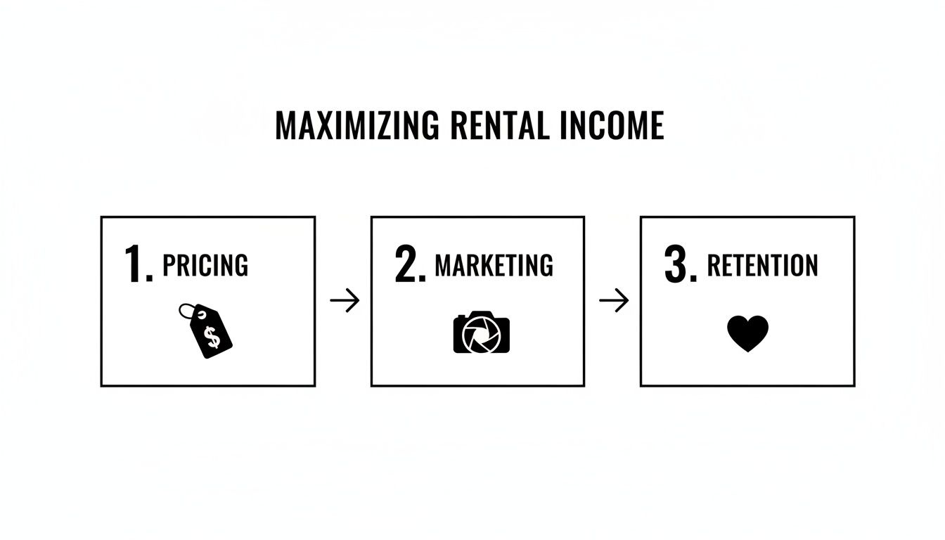 A diagram outlining three steps to maximize rental income: pricing, marketing, and retention.