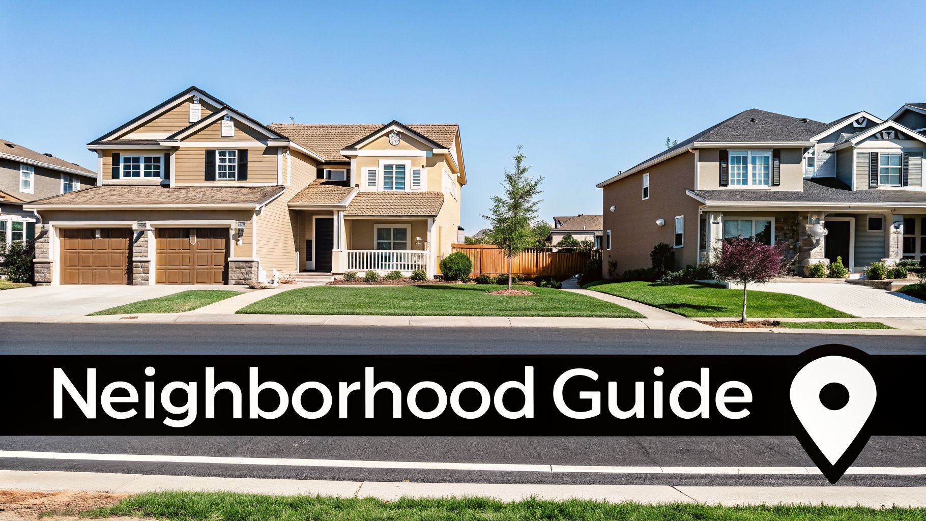 A sunny suburban street with modern houses and green lawns, overlaid with a 'Neighborhood Guide' banner.