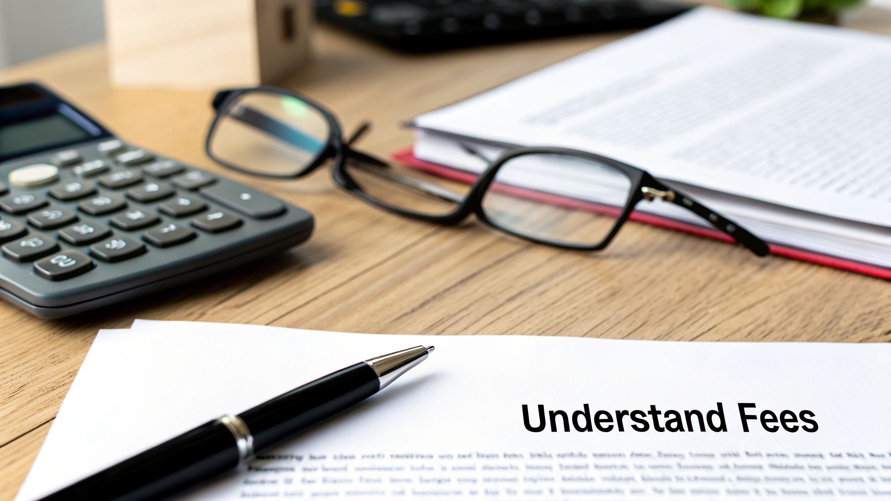 A close-up of a desk with a calculator, eyeglasses, pen, and a document reading 'Understand Fees'.