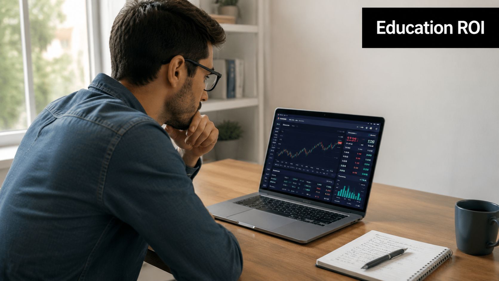 A focused man wearing glasses examines financial trading charts on his laptop in a bright home office.