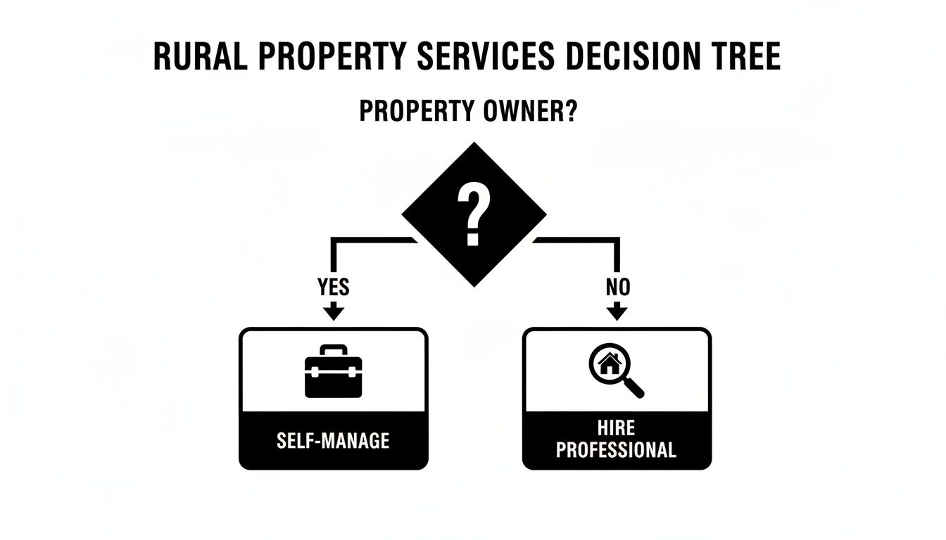 A simple decision tree for rural property services: self-manage if owner, hire professional if not.