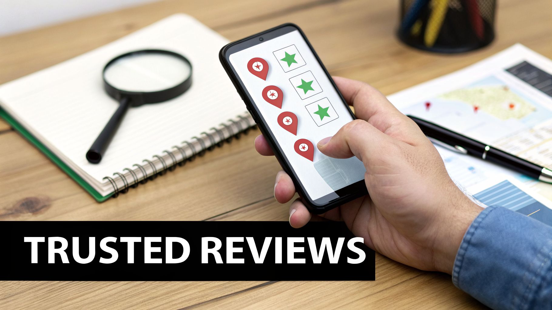 A hand holds a smartphone showing trusted reviews with location pins and green stars, next to a magnifying glass.