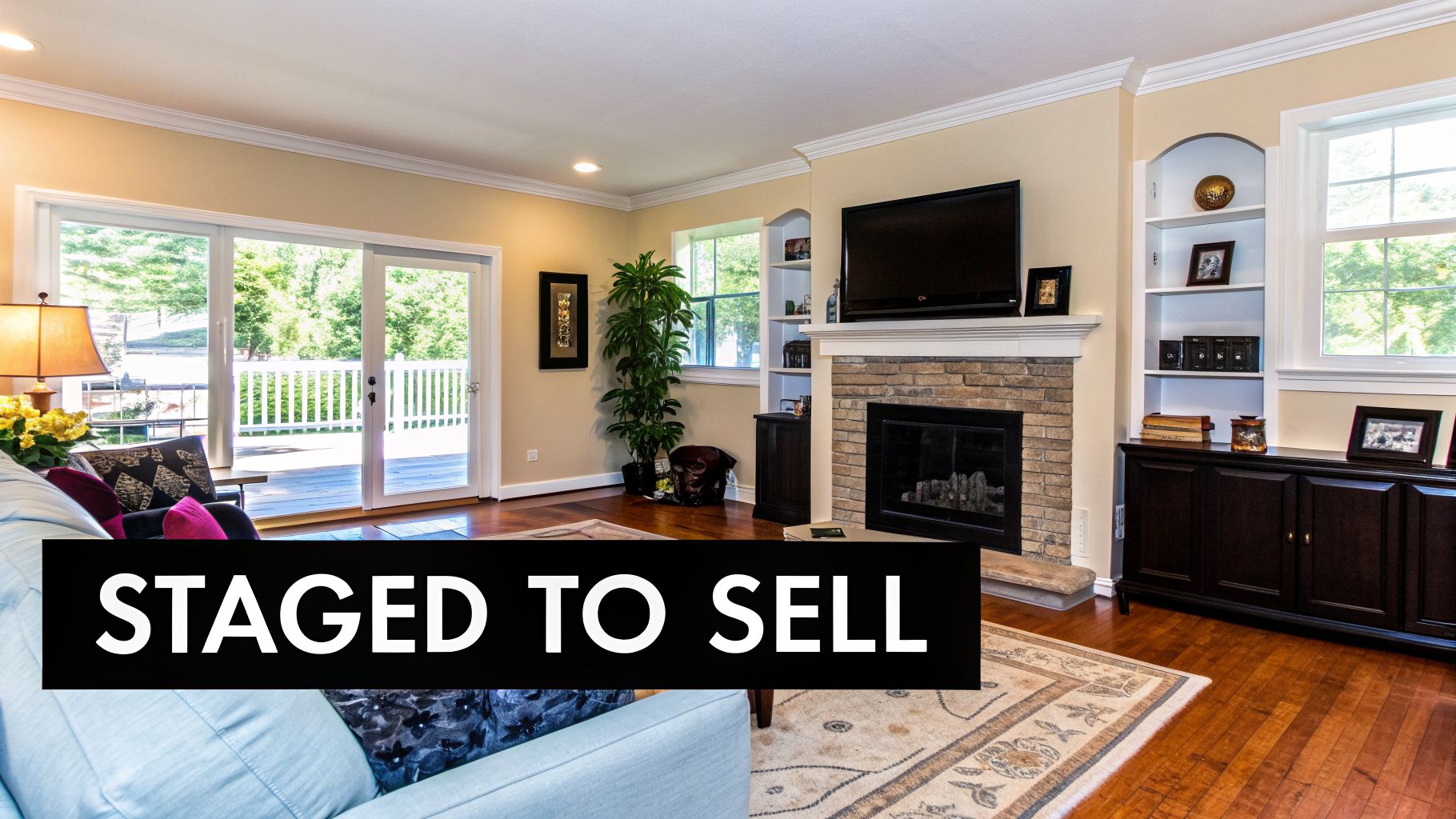 A beautifully staged living room with a fireplace, TV, built-in shelves, and a sliding door to a deck.