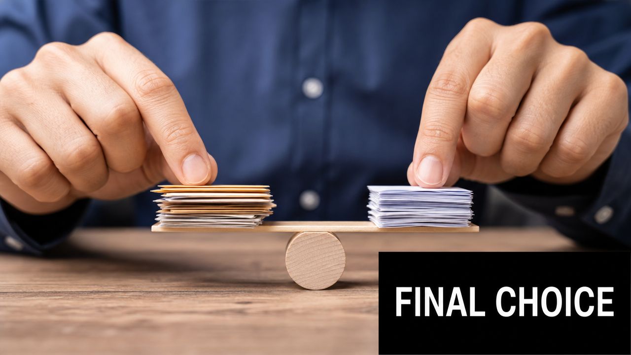 A businessman weighing two stacks of paperwork on a wooden scale to make a final choice.