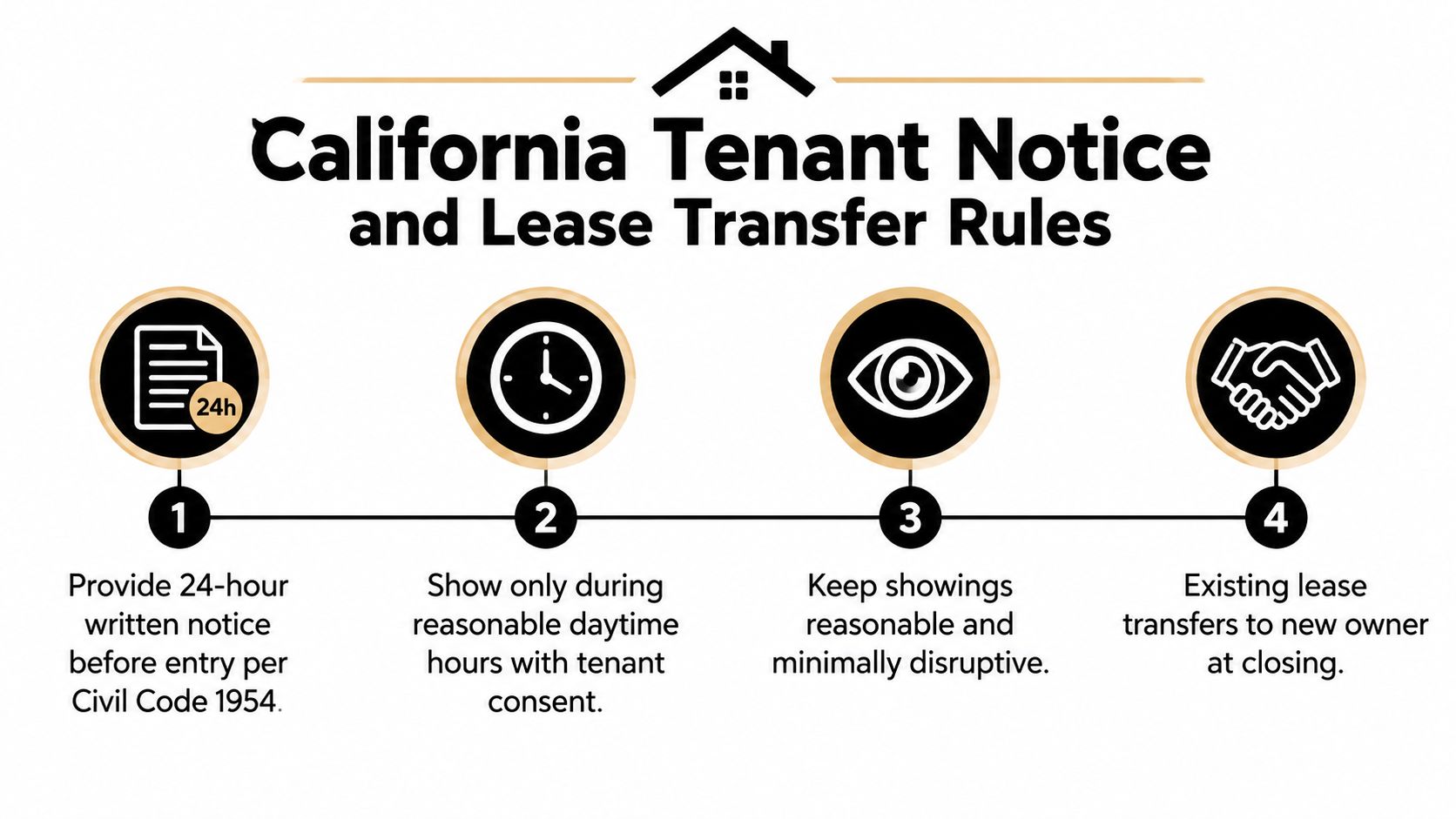 An infographic titled California Tenant Notice and Lease Transfer Rules outlining four key legal requirements for landlords.