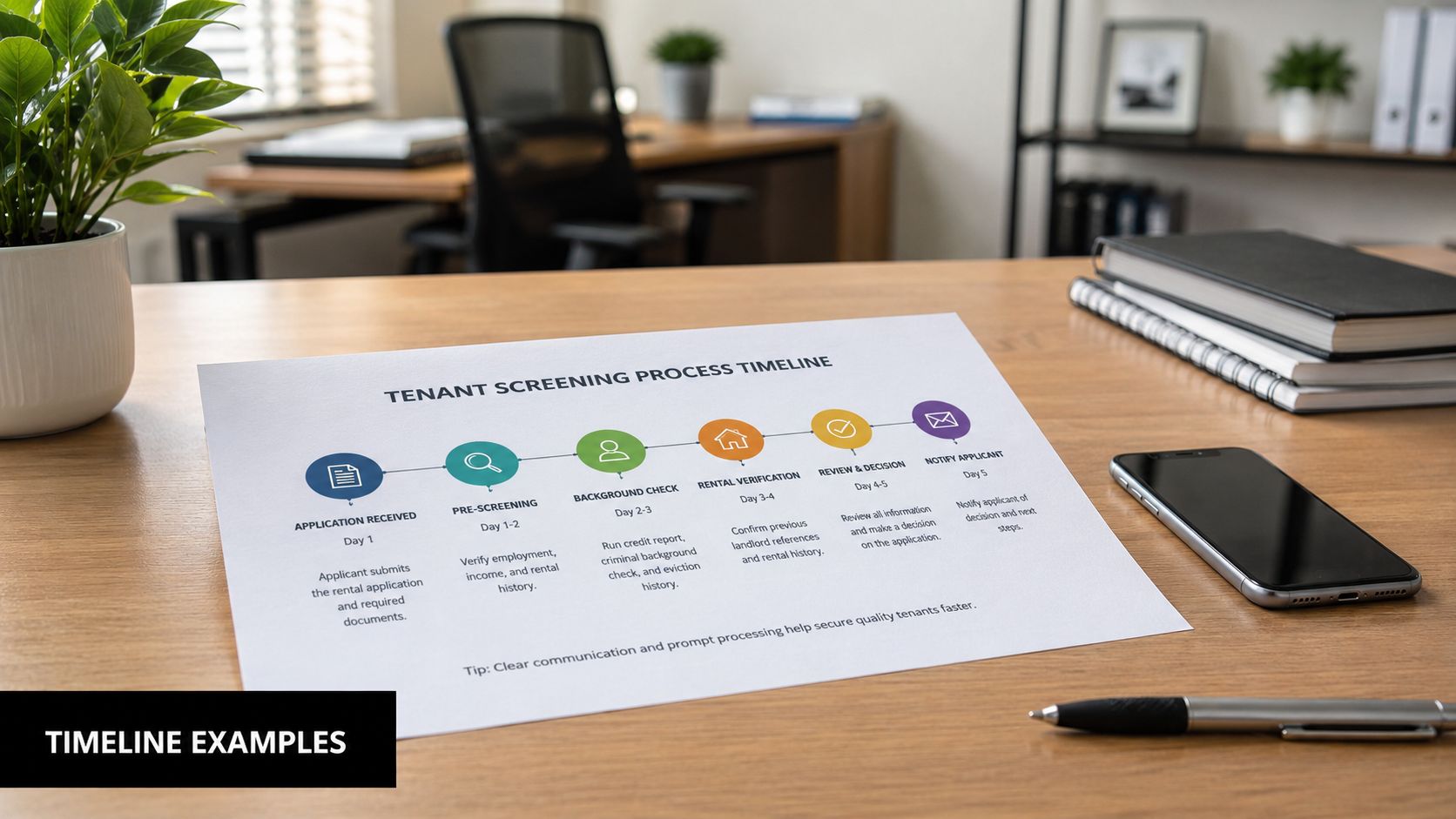 A printed tenant screening process timeline chart on a wooden desk with a phone and pen.