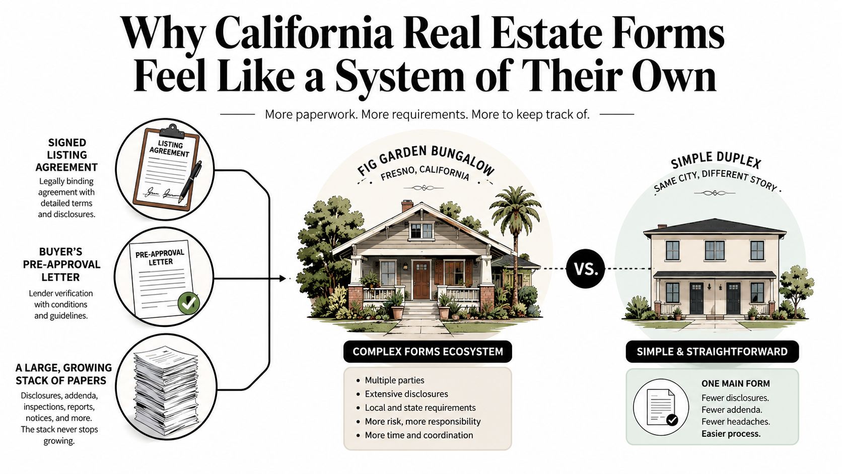 An infographic showing the complexity of California real estate paperwork compared to a simpler property transaction.
