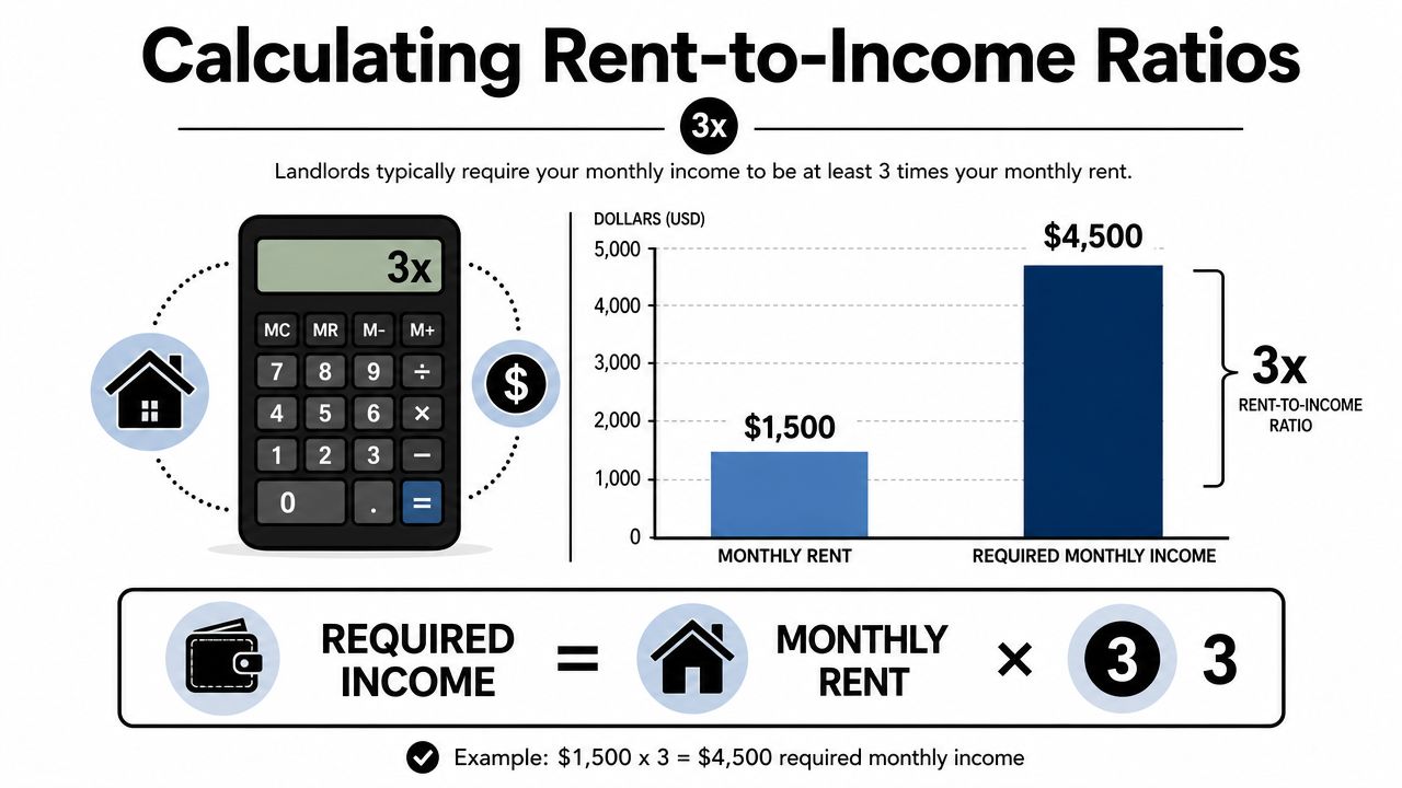 An infographic showing the 3x rent-to-income ratio calculation for rental applicants and property management.