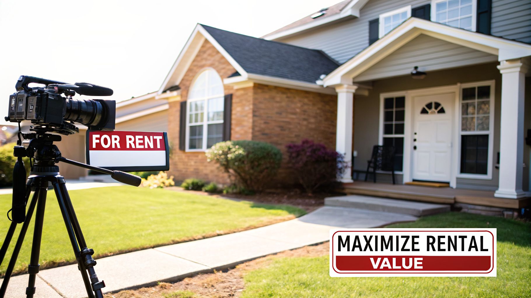 A video camera films a 'FOR RENT' sign in front of a house, with a 'MAXIMIZE RENTAL VALUE' sign in the foreground.
