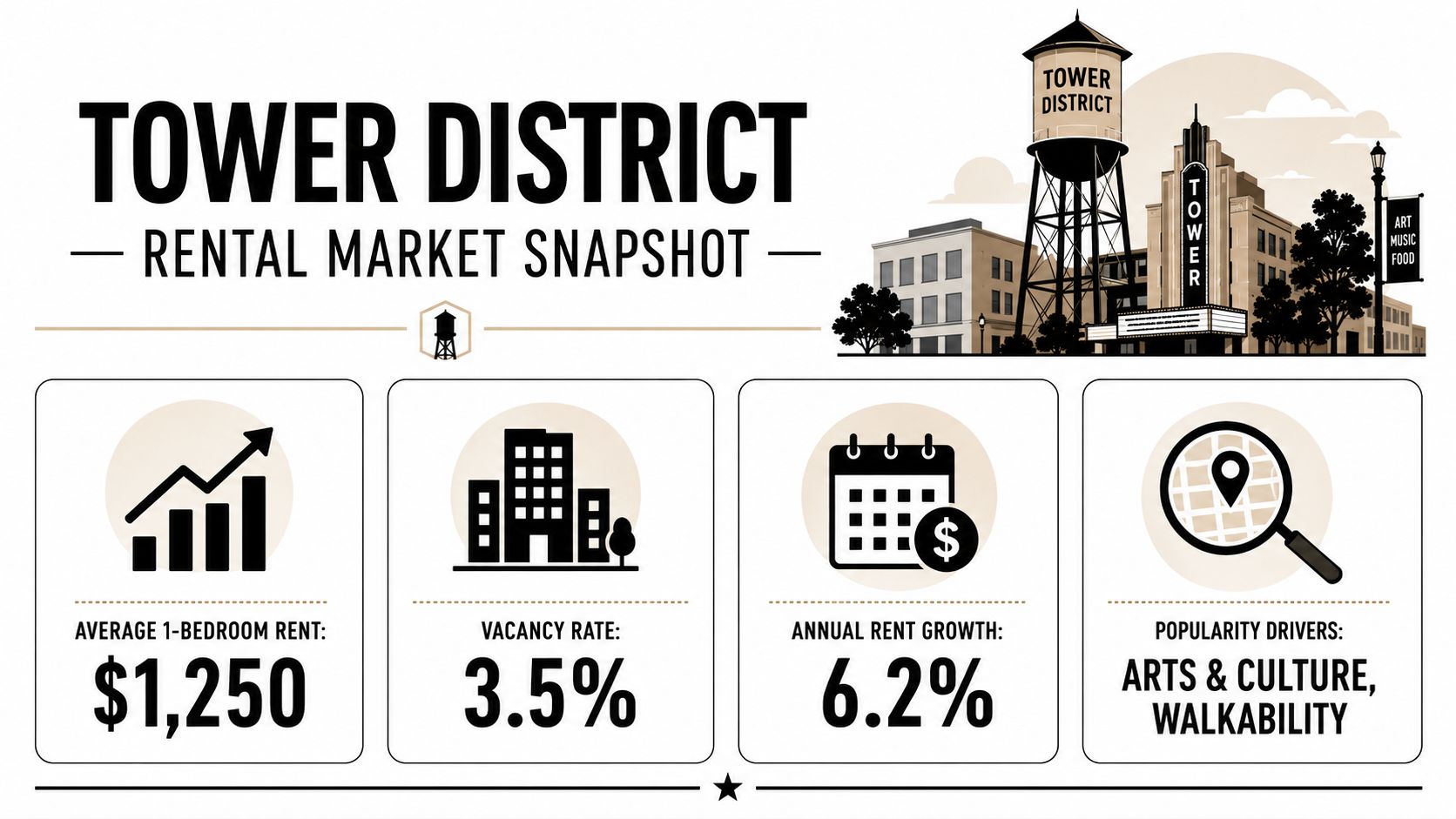 An infographic showing rental market statistics for the Tower District, including average rent, vacancy, and growth rates.
