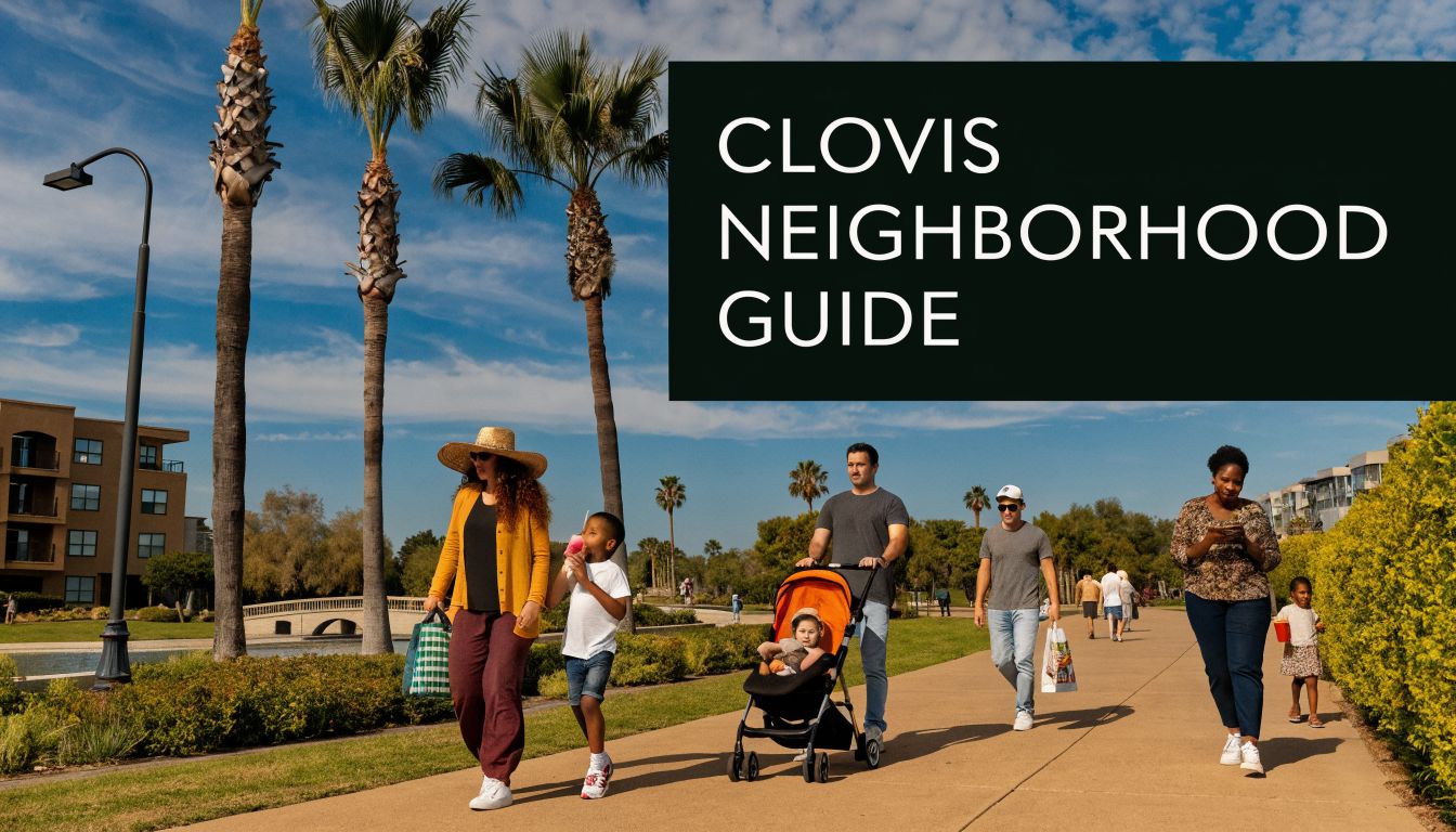 A diverse group of people walking on a paved path in a sunny Clovis neighborhood park.