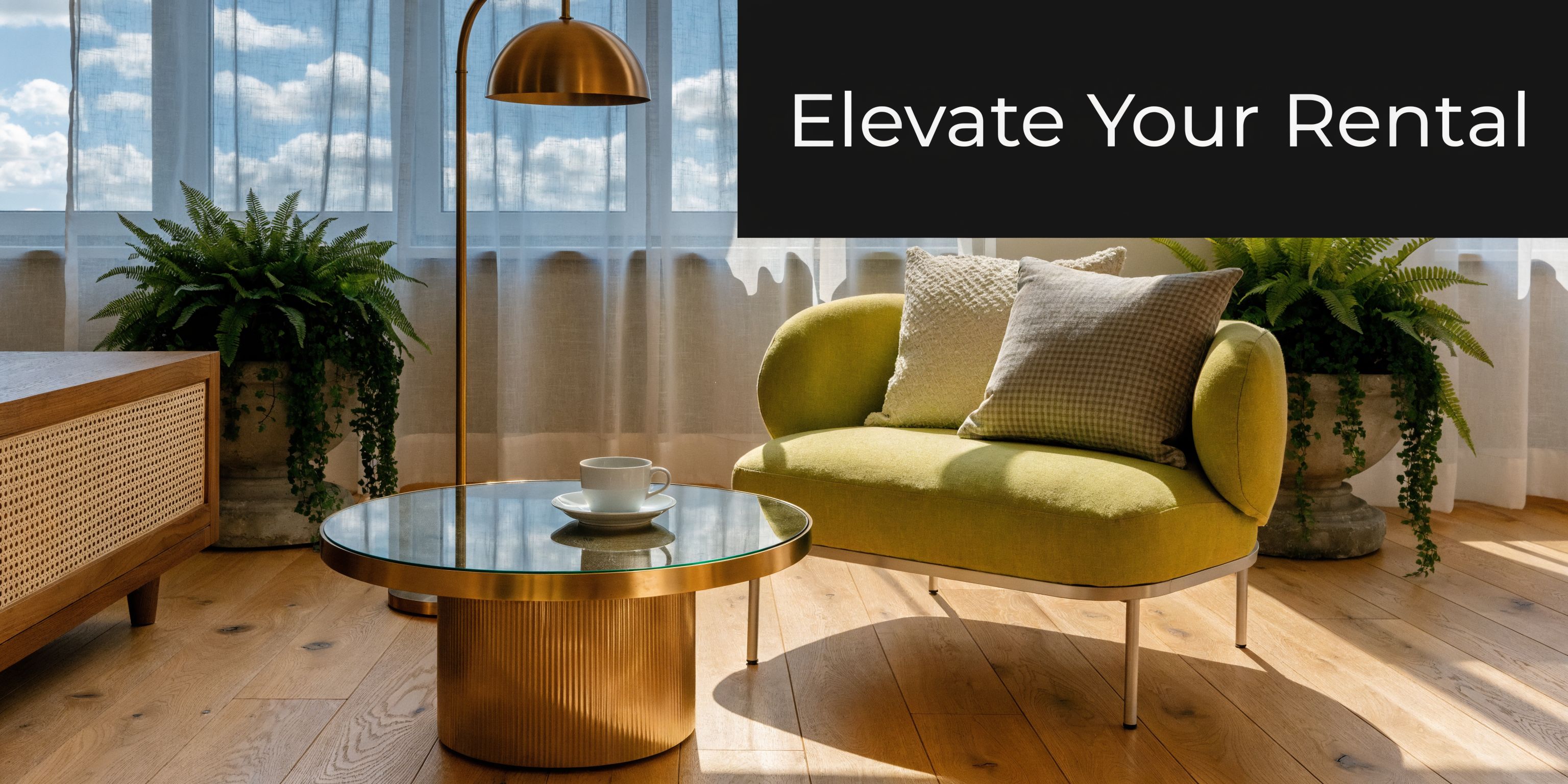 A stylishly decorated living room featuring a green armchair, round coffee table, and large potted plants.