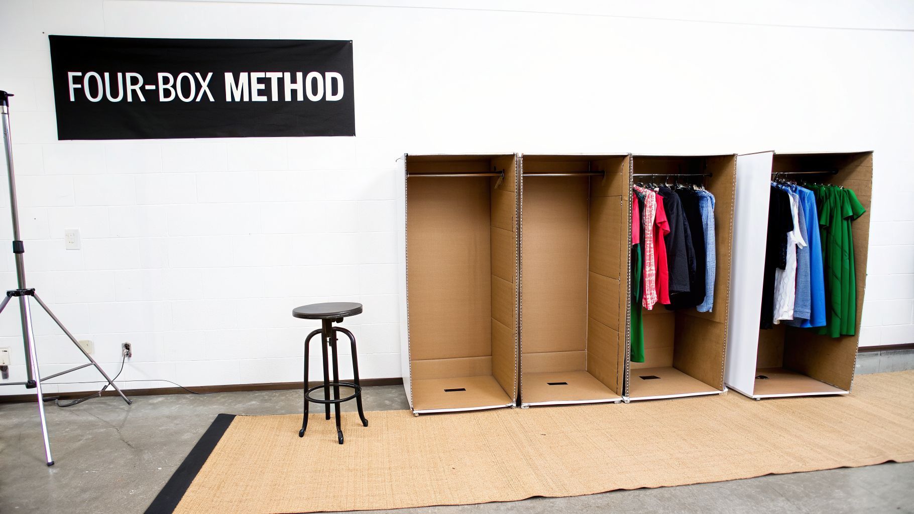Image showing the Four-Box Method with cardboard wardrobes for organizing clothes in a white room.