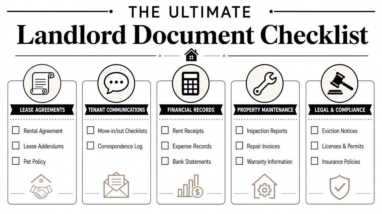 An infographic titled The Ultimate Landlord Document Checklist categorizing essential property management documents into five key sections.