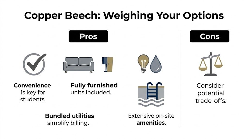 An infographic titled Copper Beech Weighing Your Options, highlighting pros like convenience, furnished units, utilities, and amenities.