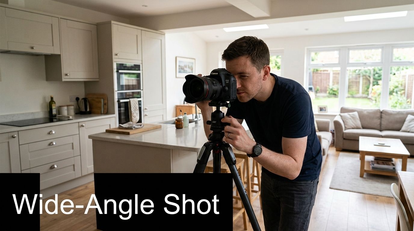 A professional photographer uses a tripod-mounted camera to capture a wide-angle shot of a bright modern kitchen.